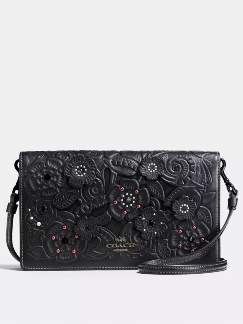 Coach Hayden Black Floral Appliqué Crossbody Satchel  With Tea Rose And Tooling